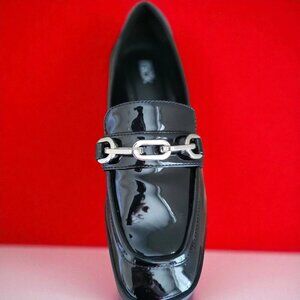 Nordstrom Rack Loafer Women Black Glossy Flat Moc Rack Jane Chain-Link Shoe 6.5M